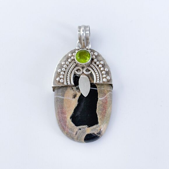 Vintage Sterling Silver 925 Jasper and Green Cubic Zirconia Pendant - Picture 2 of 7